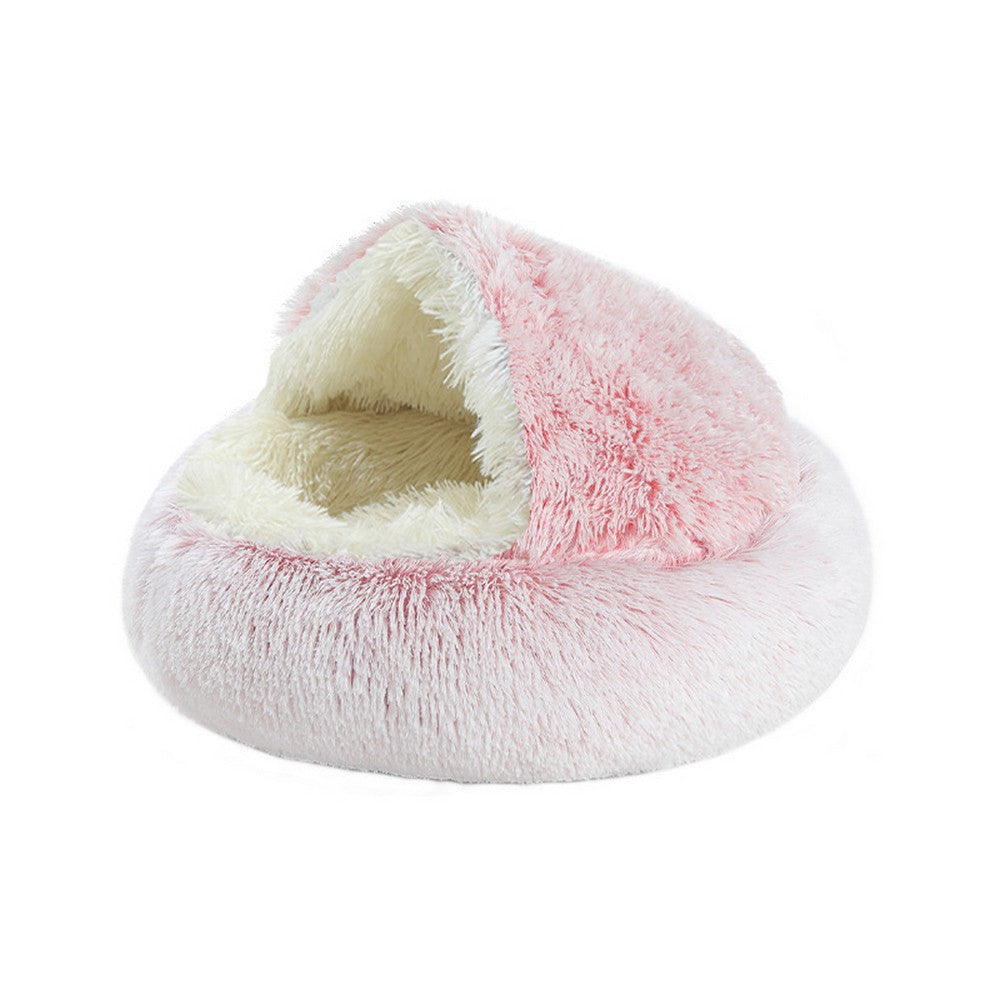 Small Pet Dog Cat Calming Bed Plush Cushioned Hooded Pet Bed Warm Soft Plush Round Nest Sleeping Kennel Cave Pink