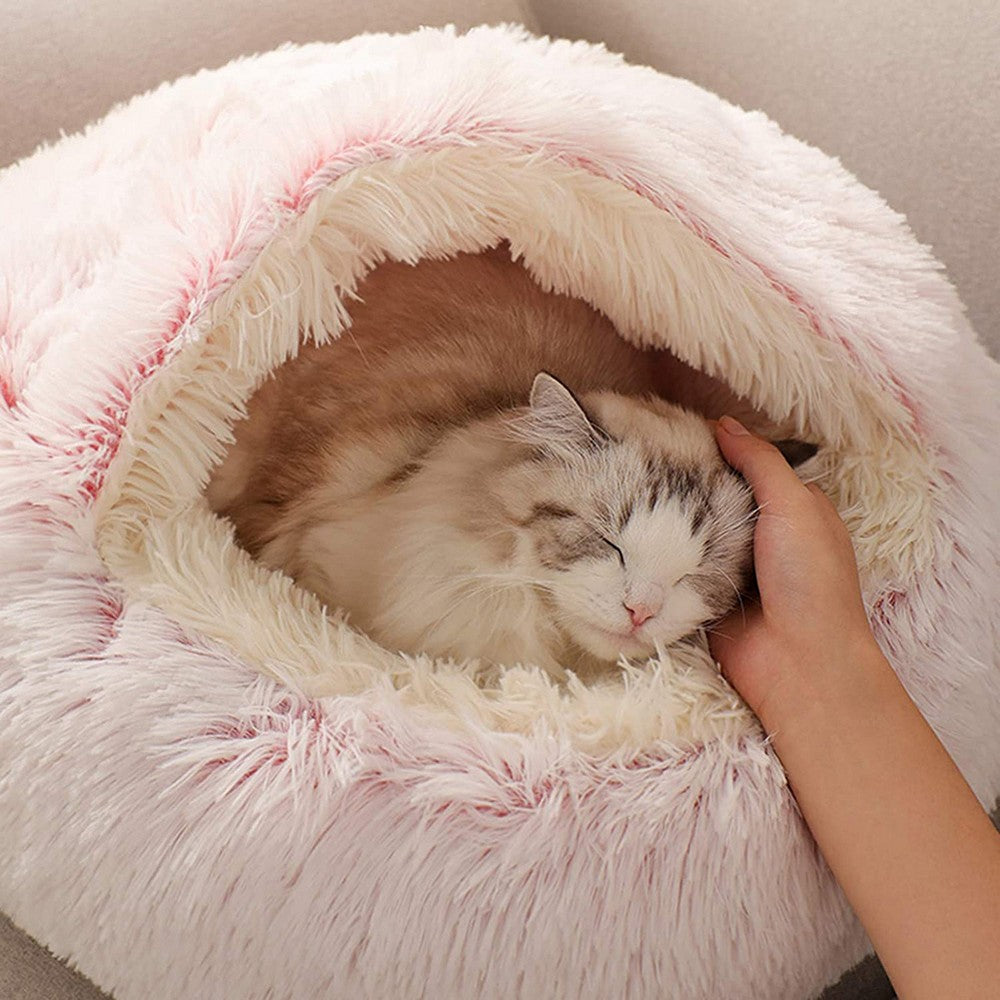 Large Pet Dog Cat Calming Bed Plush Cushioned Hooded Pet Bed Warm Soft Plush Round Nest Sleeping Kennel Cave Pink