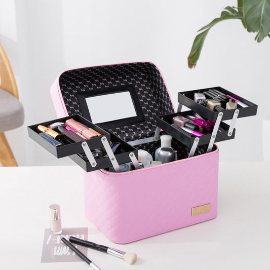 Makeup Organizer PU Leather Makeup Storage Cosmetic Bag Makeup Case with Mirror Pink