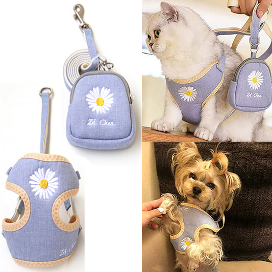 Adjustable Pet Puppy Dog Harness Walking Cat Vest with Leash and Snack Bag Light Blue S