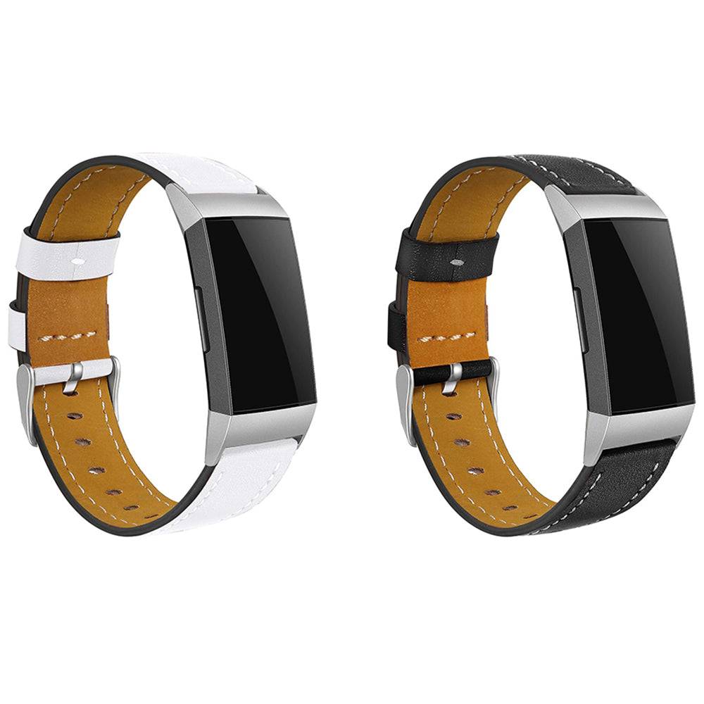 2 X Black White Non-Branded Genuine Leather Band Compatible for Fitbit Charge 3