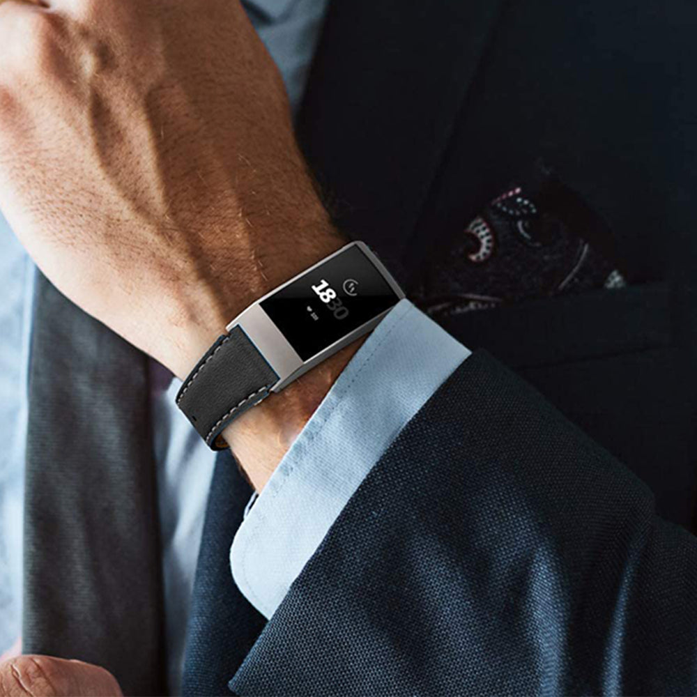 2 X Black White Non-Branded Genuine Leather Band Compatible for Fitbit Charge 3