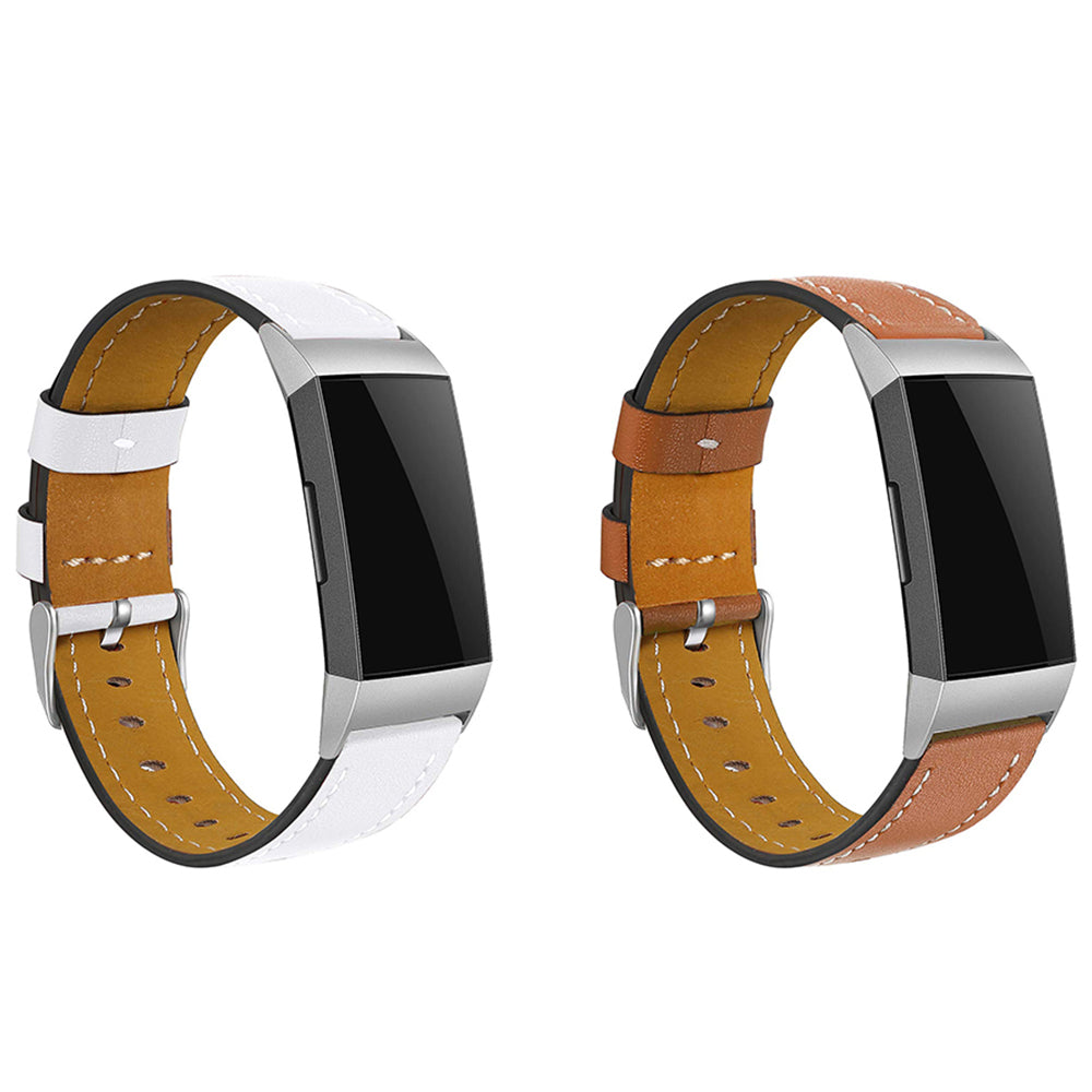 2 X Brown White Non-Branded Genuine Leather Band Compatible for Fitbit Charge 3