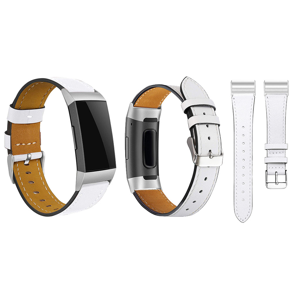 2 X Brown White Non-Branded Genuine Leather Band Compatible for Fitbit Charge 3