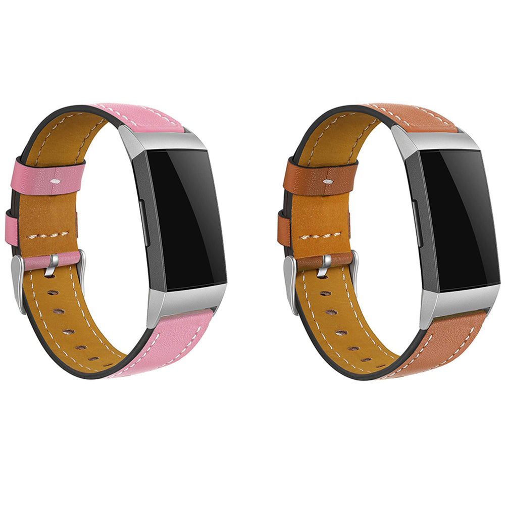 2 X Brown Pink Non-Branded Genuine Leather Band Compatible for Fitbit Charge 3