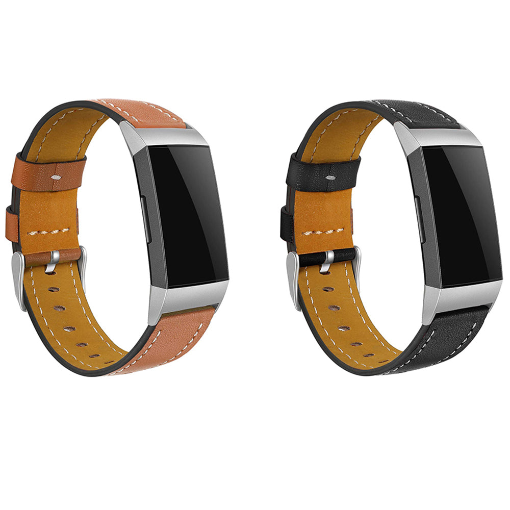 2 X Black Brown Non-Branded Genuine Leather Band Compatible for Fitbit Charge 3