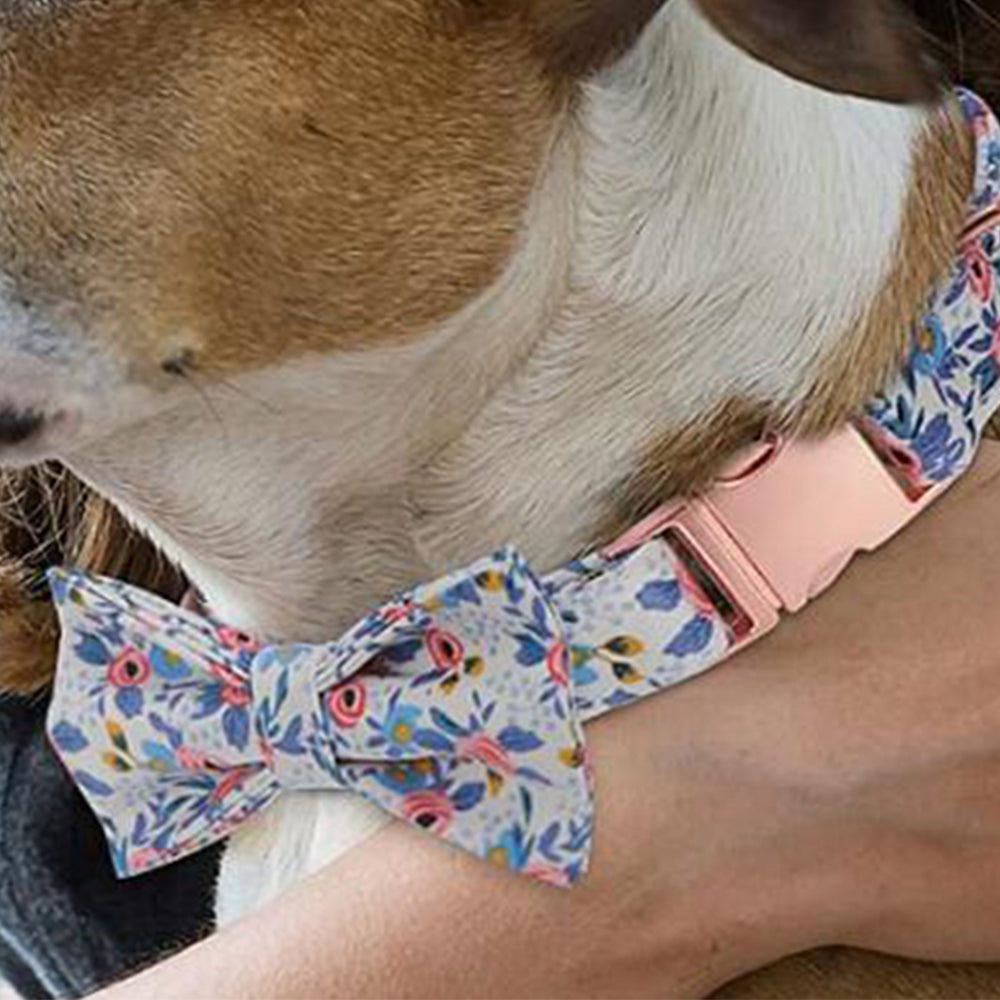 2 X Blue Grey L Floral Print Pet Collar Pet Bow Tie Dog Collar