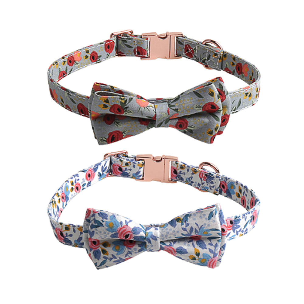 2 X Blue Grey S Floral Print Pet Collar Pet Bow Tie Dog Collar
