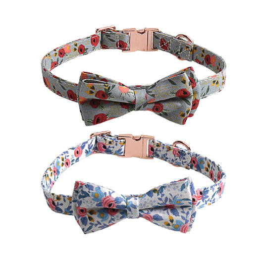 2 X Blue Grey M Floral Print Pet Collar Pet Bow Tie Dog Collar