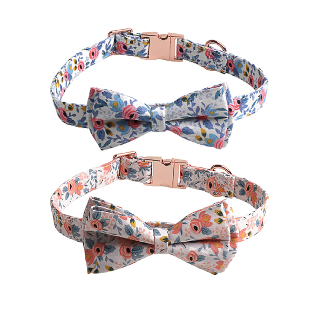 2 X Blue Orange L Floral Print Pet Collar Pet Bow Tie Dog Collar