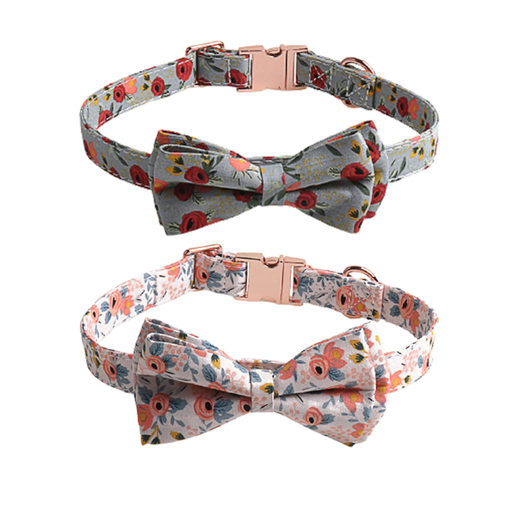 2 X Grey Orange L Floral Print Pet Collar Pet Bow Tie Dog Collar