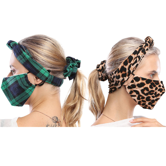 2 X Green Brwon 3Pcs Hair Scrunch Hairband Facemask Set