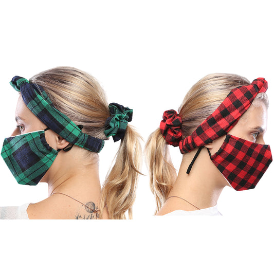2 X Green Red 3Pcs Hair Scrunch Hairband Facemask Set