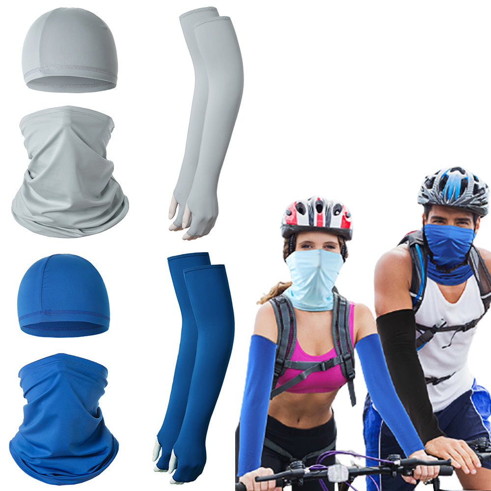 2 Sets Blue Grey Unisex Cycling Face Cover Neck Gaiter Skull Cap Arm Sleeve