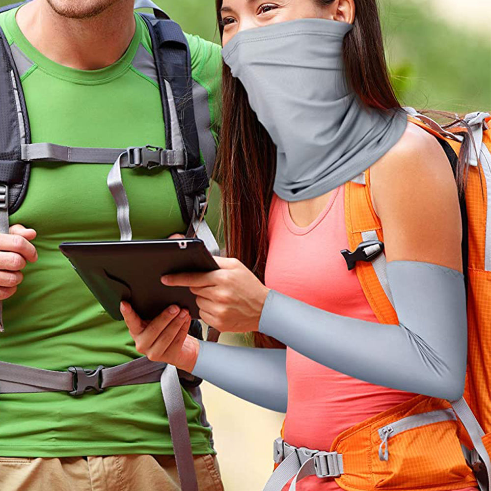 2 Sets Blue Grey Unisex Cycling Face Cover Neck Gaiter Skull Cap Arm Sleeve