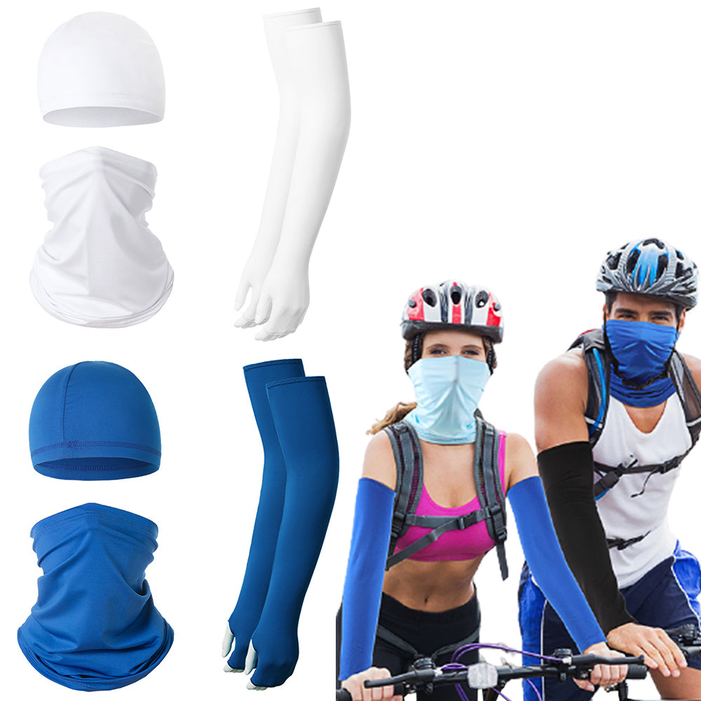 2 Sets Blue White Unisex Cycling Face Cover Neck Gaiter Skull Cap Arm Sleeve