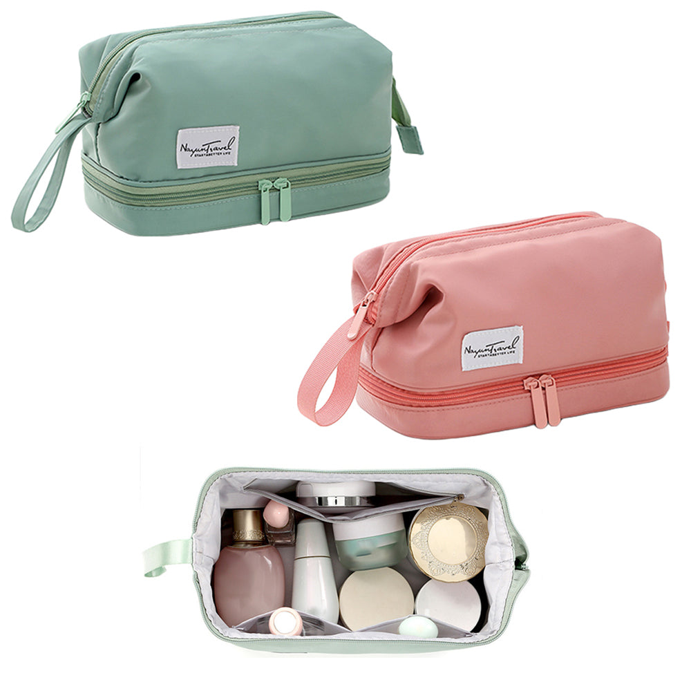 2 X Green & Pink Two Layers Water-Resistant Cosmetic Bag