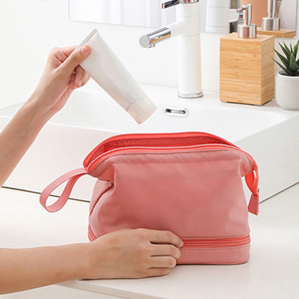 2 X Green & Pink Two Layers Water-Resistant Cosmetic Bag