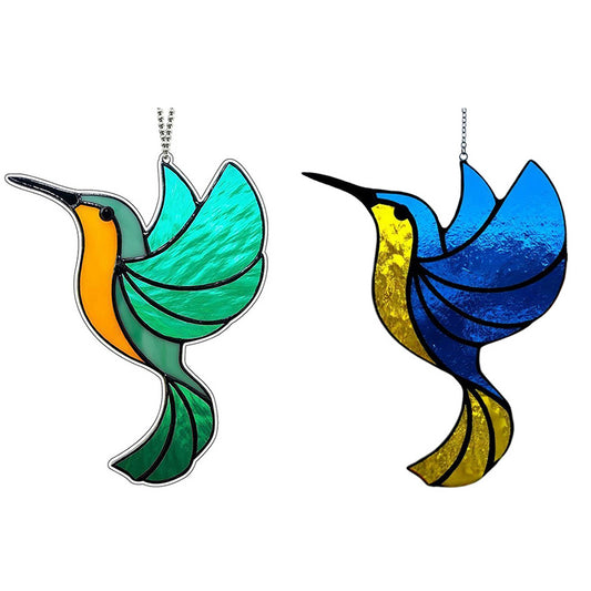 2Pcs Hanging Glass Hummingbird Ornament Blue and Acid Blue