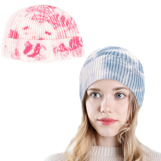 2Pcs Dye Knitted Beanie Hat Blue and Pink