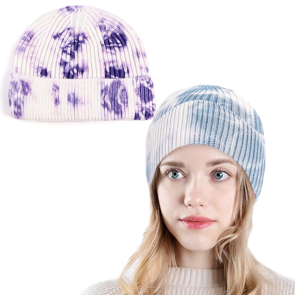 2Pcs Dye Knitted Beanie Hat Blue and Purple