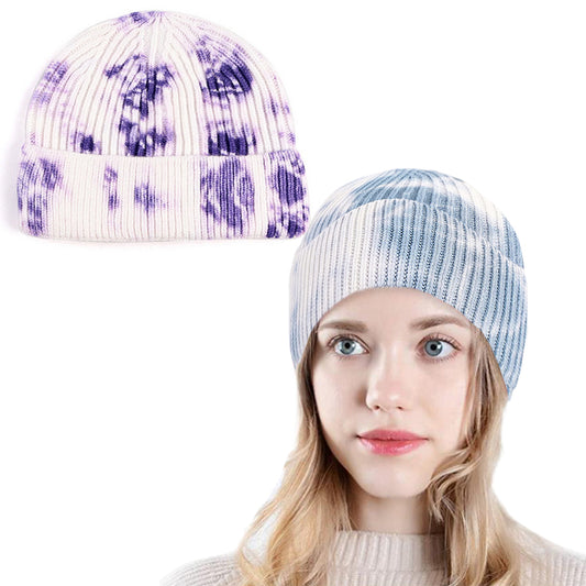 2Pcs Dye Knitted Beanie Hat Blue and Purple