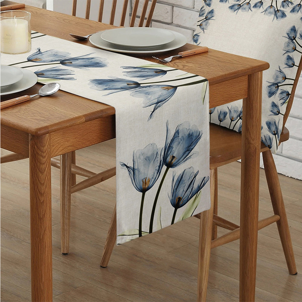Tulip Flower Linen Table Runner Blue 33x180cm Table Runner