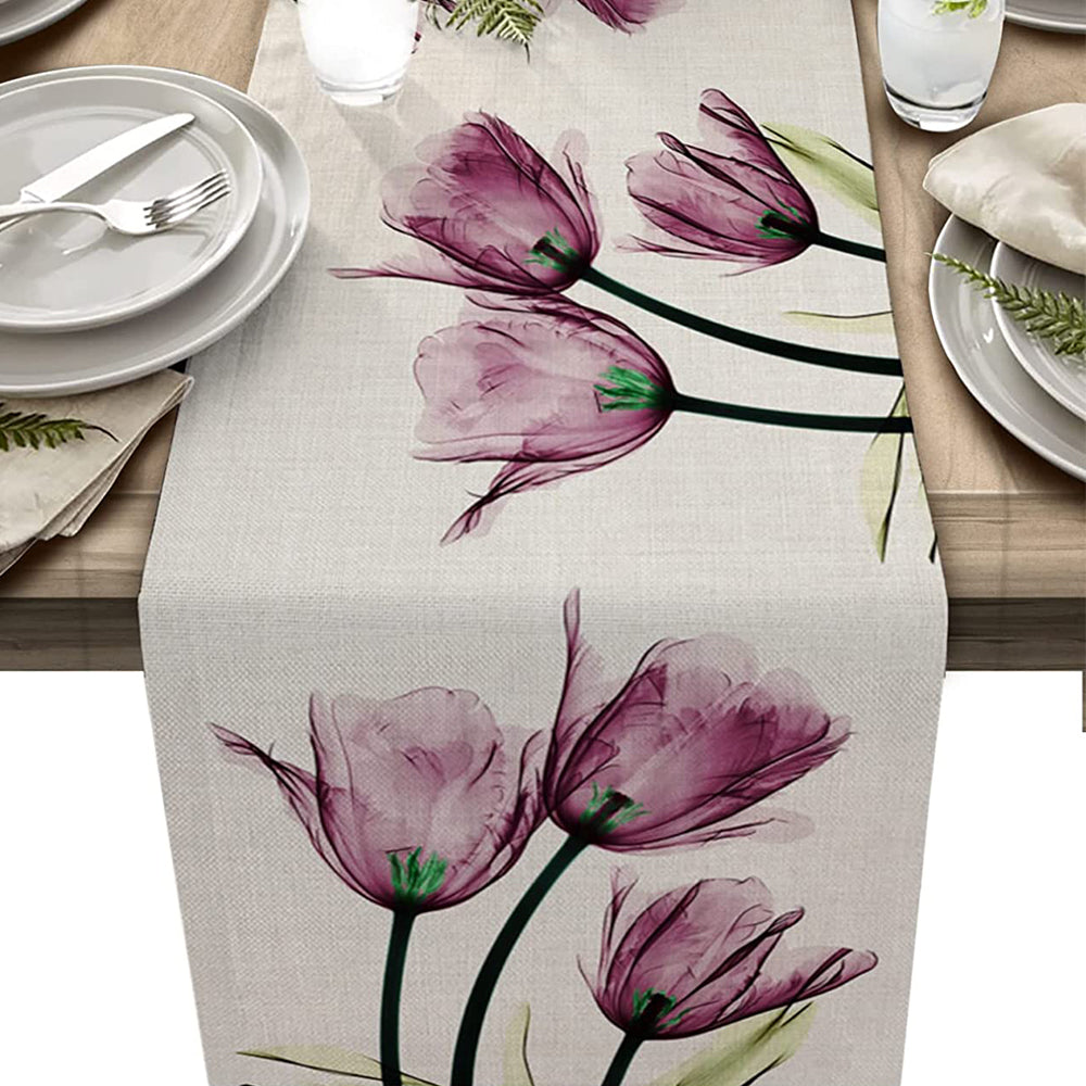 Tulip Flower Linen Table Runner Purple Red 33x180cm Table Runner