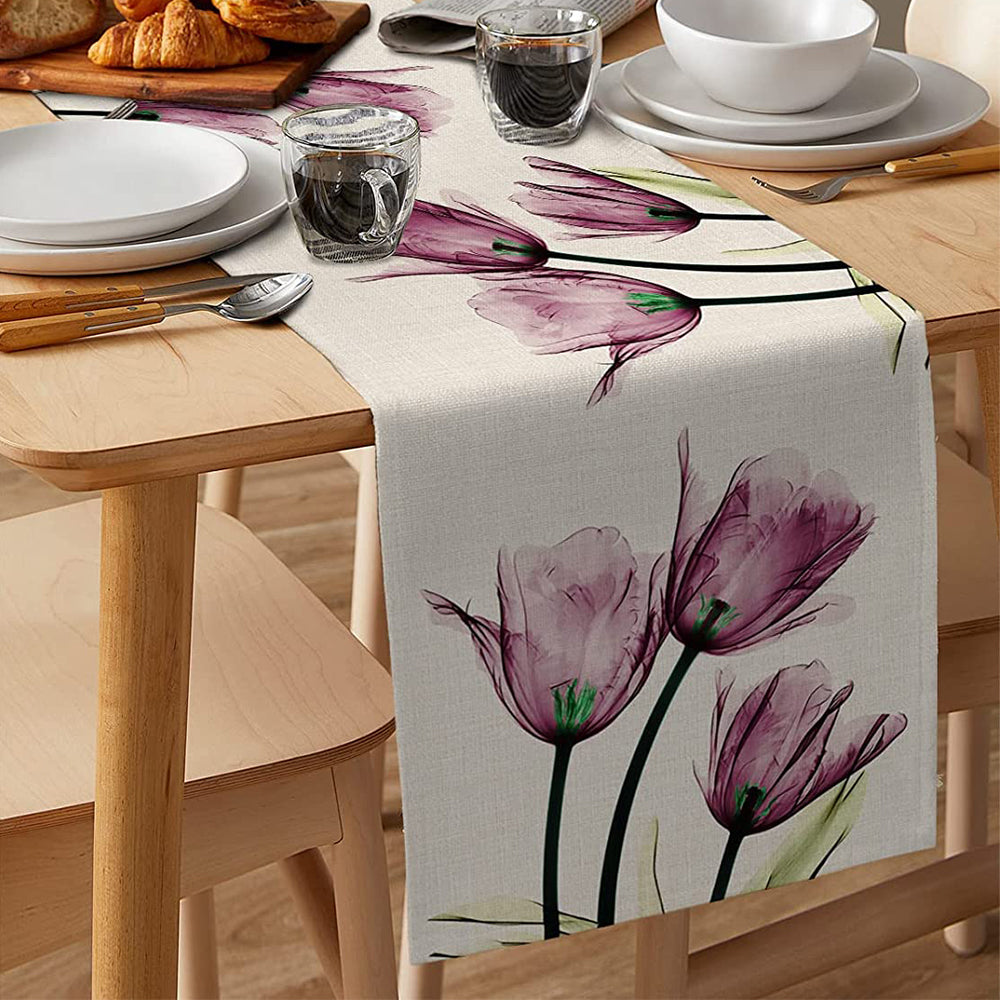 2 X Tulip Flower Linen Table Runner 33x180cm Table Runner