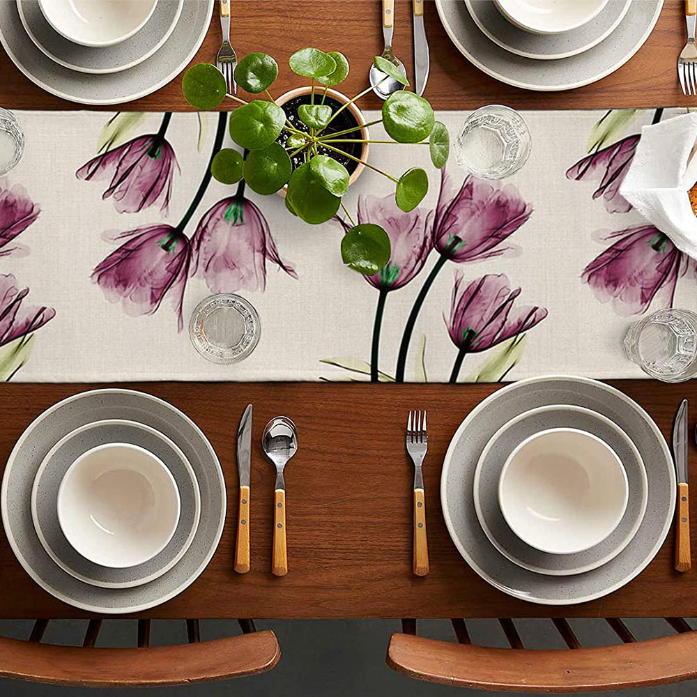 Tulip Flower Linen Table Runner Purple Red 33x180cm Table Runner
