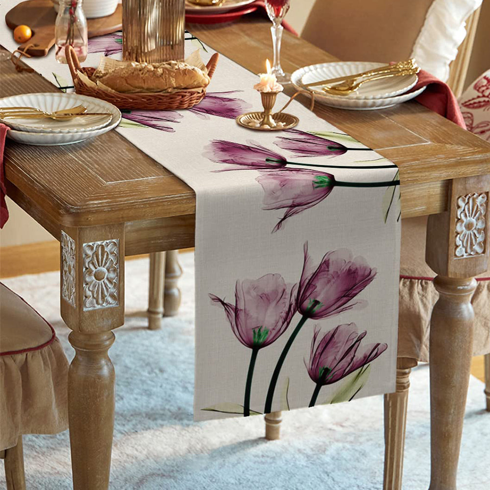 Tulip Flower Linen Table Runner Purple Red 33x180cm Table Runner