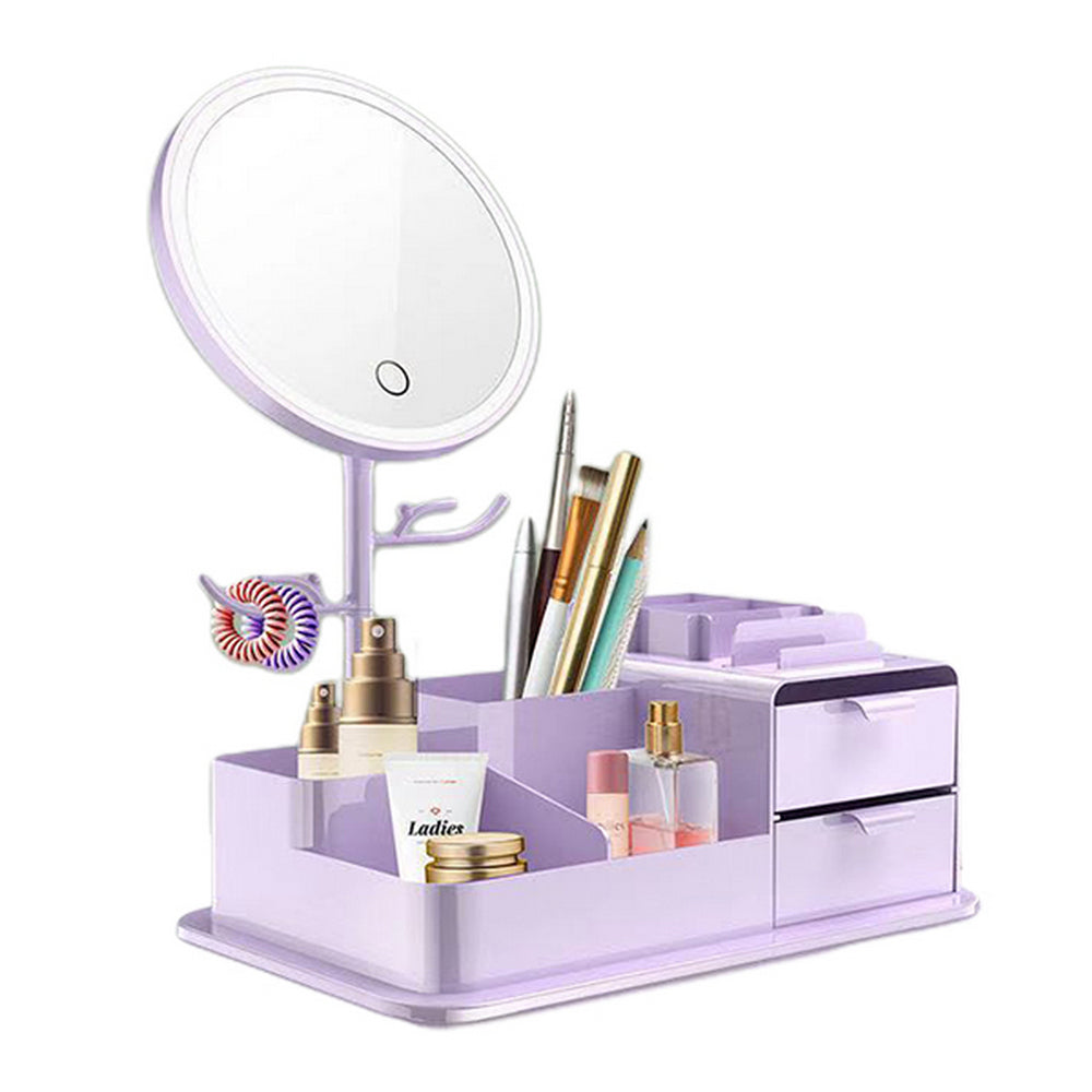 Cosmetics Storage Box with LED Makeup Mirror Purple