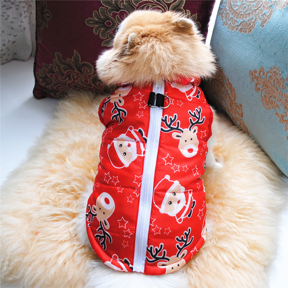Christmas Santa Print Warm Pet Dog Jacket with Leash Anchor Large