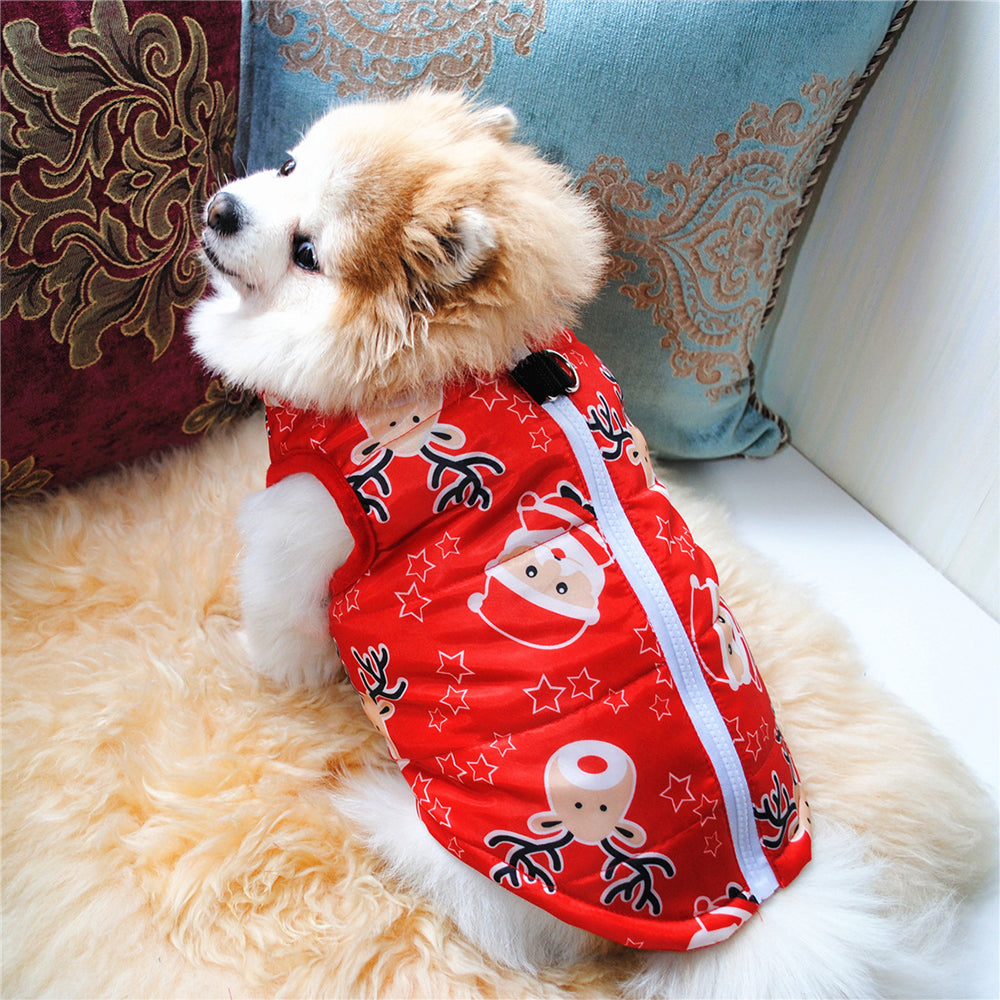 Christmas Santa Print Warm Pet Dog Jacket with Leash Anchor Medium