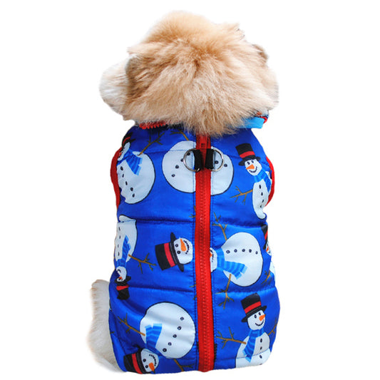 Christmas Snowman Print Warm Pet Dog Jacket with Leash Anchor Small