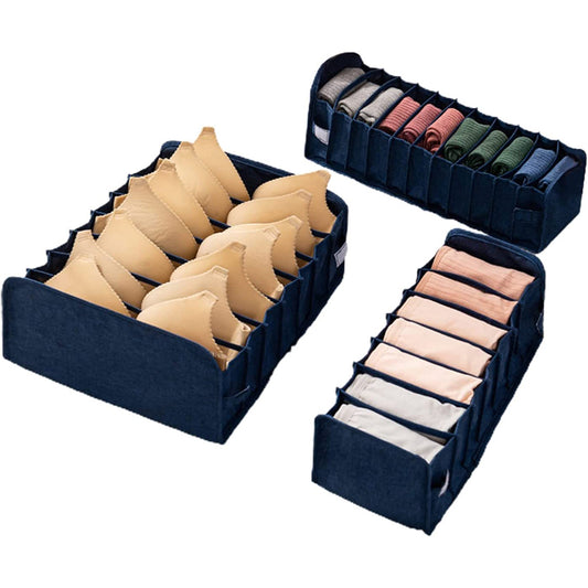 Set of 3Pcs Foldable Wardrobe Storage Box Navy Blue