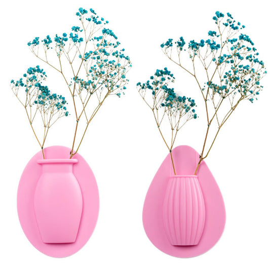 2Pcs Wall Mount Silicone Sticky Small Vase Pink
