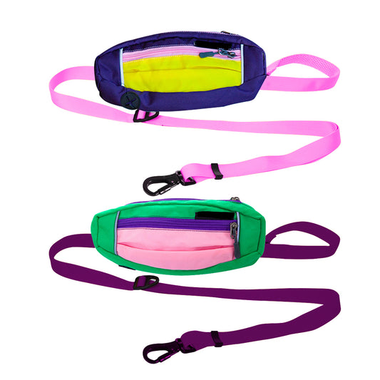2X Hands Free Pet Dog Leash with Waist Bag Purple Pink