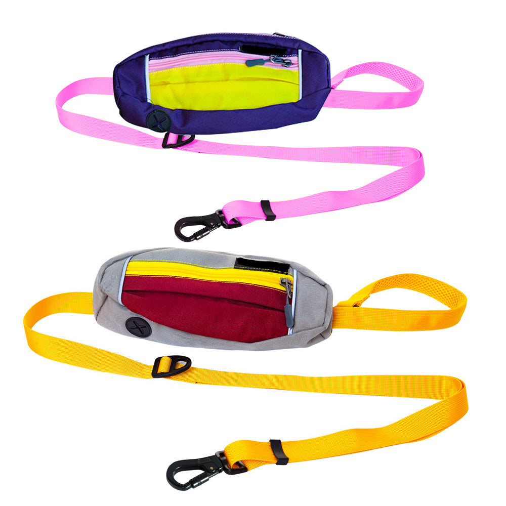 2X Hands Free Pet Dog Leash with Waist Bag Yellow Pink