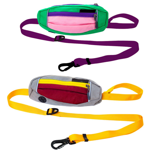 2X Hands Free Pet Dog Leash with Waist Bag Purple Yellow