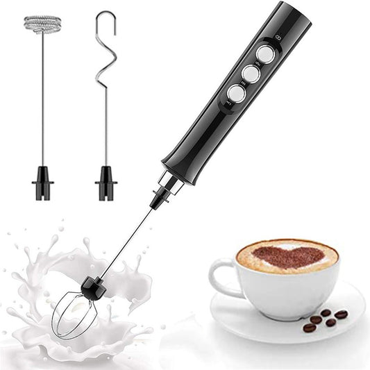 Handheld Electric Milk Frother Drink Coffee Mixer Foam Maker with 3 Whisks Black