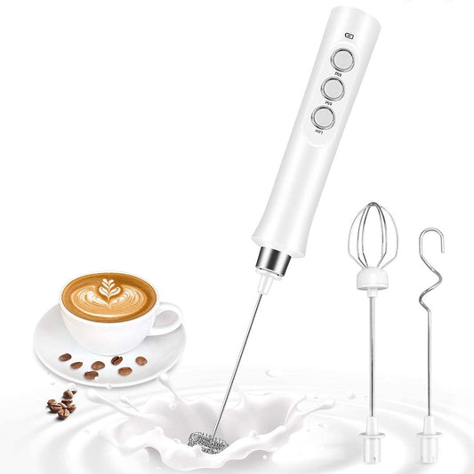 Handheld Electric Milk Frother Drink Coffee Mixer Foam Maker with 3 Whisks White