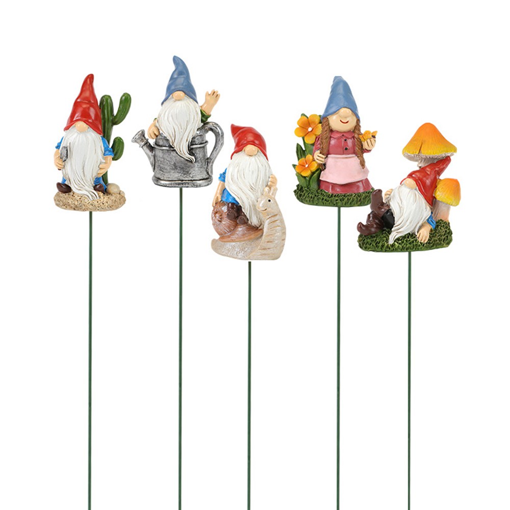 Set of 5Pcs Christmas Gnomes Stake Statue Garden Resin Ornament Flower Pot Decor