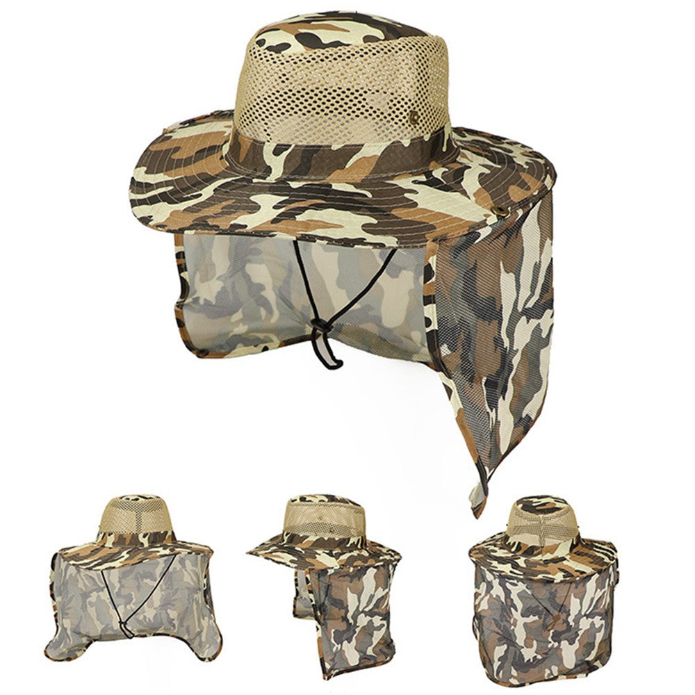1Pc Camouflage Sun Shade Hat Wide Brim Fishing Cap with Neck Flap Brown