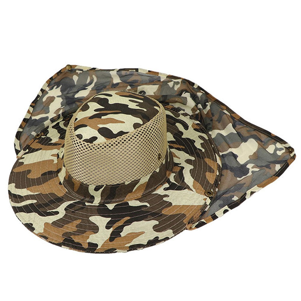 1Pc Camouflage Sun Shade Hat Wide Brim Fishing Cap with Neck Flap Brown