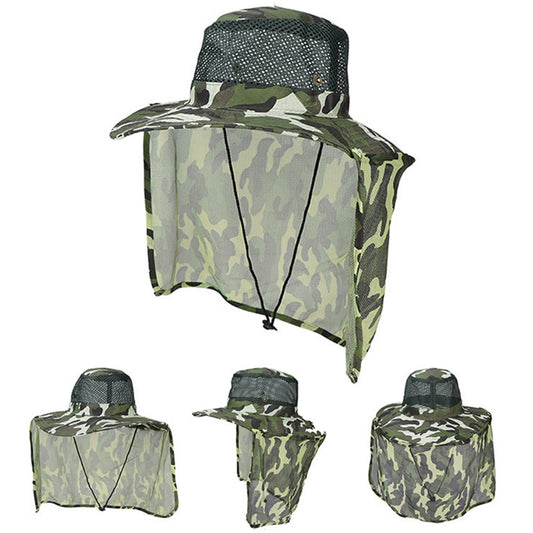1Pc Camouflage Sun Shade Hat Wide Brim Fishing Cap with Neck Flap Grass Green