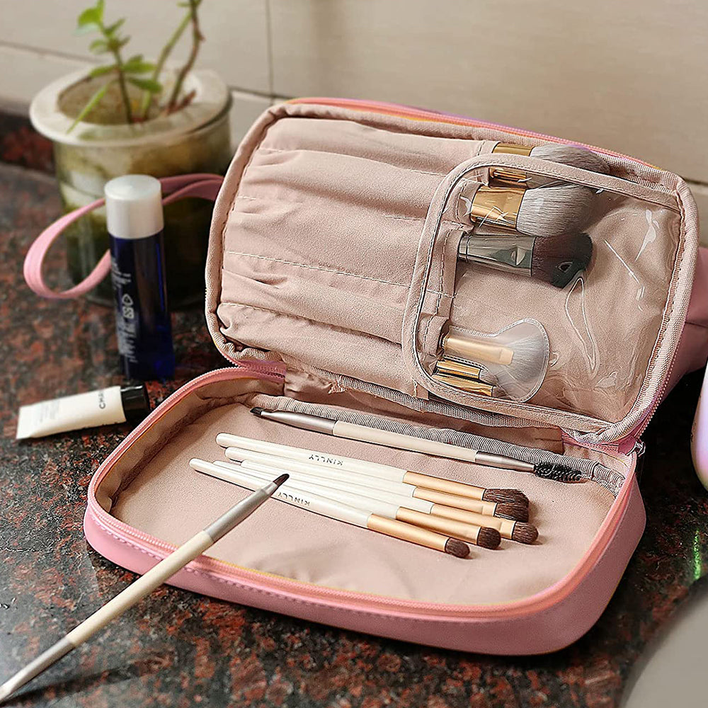 Double Layers Makeup Bag Travel Toiletry Bag Cosmetic Organizer Pink