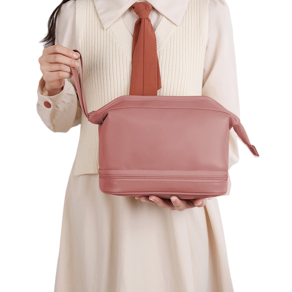 Double Layers Makeup Bag Travel Toiletry Bag Cosmetic Organizer Pink