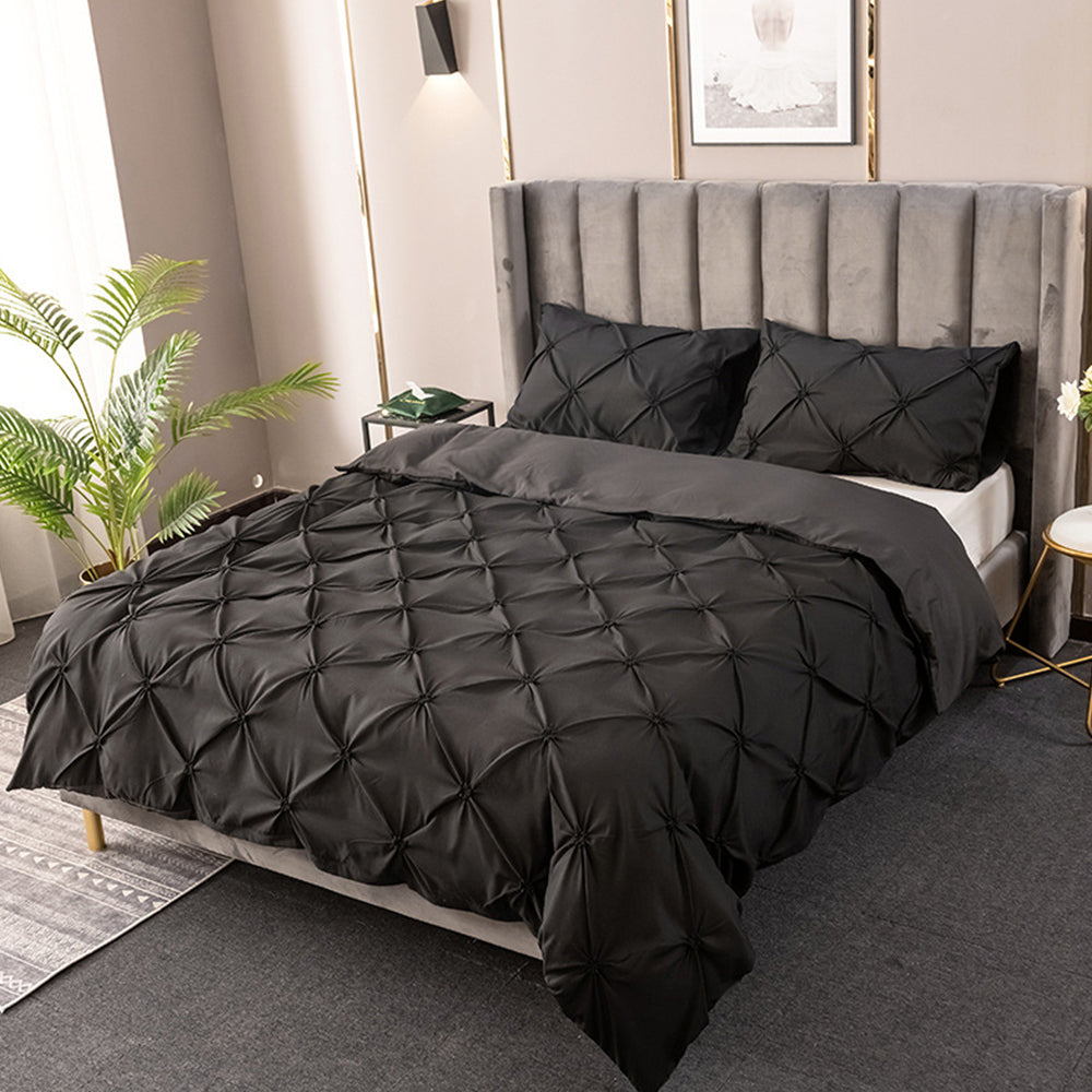 3Pcs Pintuck Bedding Set Pinch Pleat Duvet Cover Set Black Queen