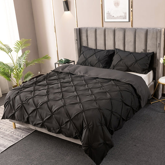 3Pcs Pintuck Bedding Set Pinch Pleat Duvet Cover Set Black Queen